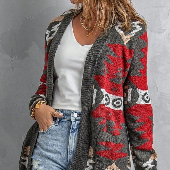 . Sweaters - Multicolor Casual Womens Geo Pattern Dual Pocket Open Front Cardigan